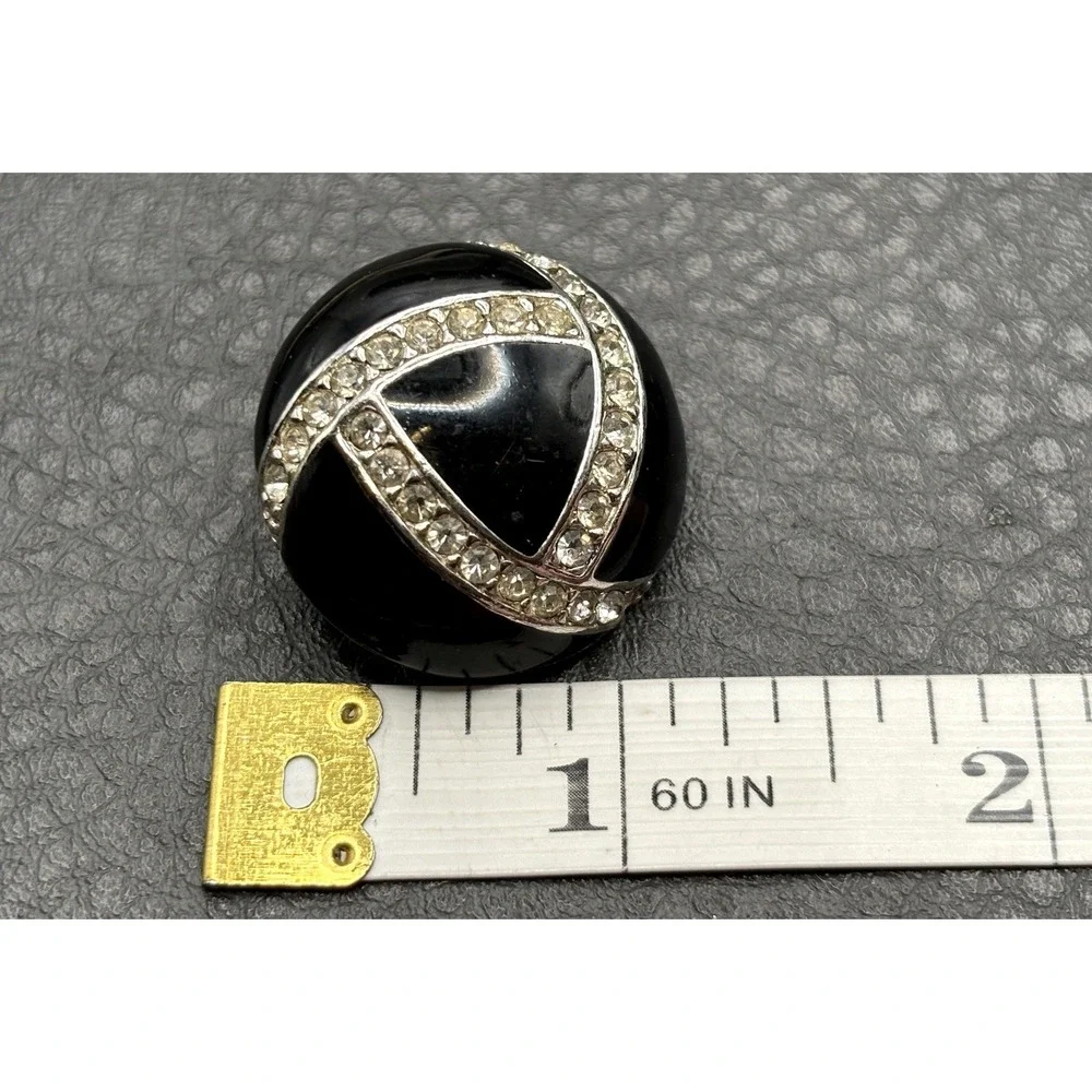 Vintage St. John 80s Black Enamel Glass Rhinestone Clip Earrings Silver Tone